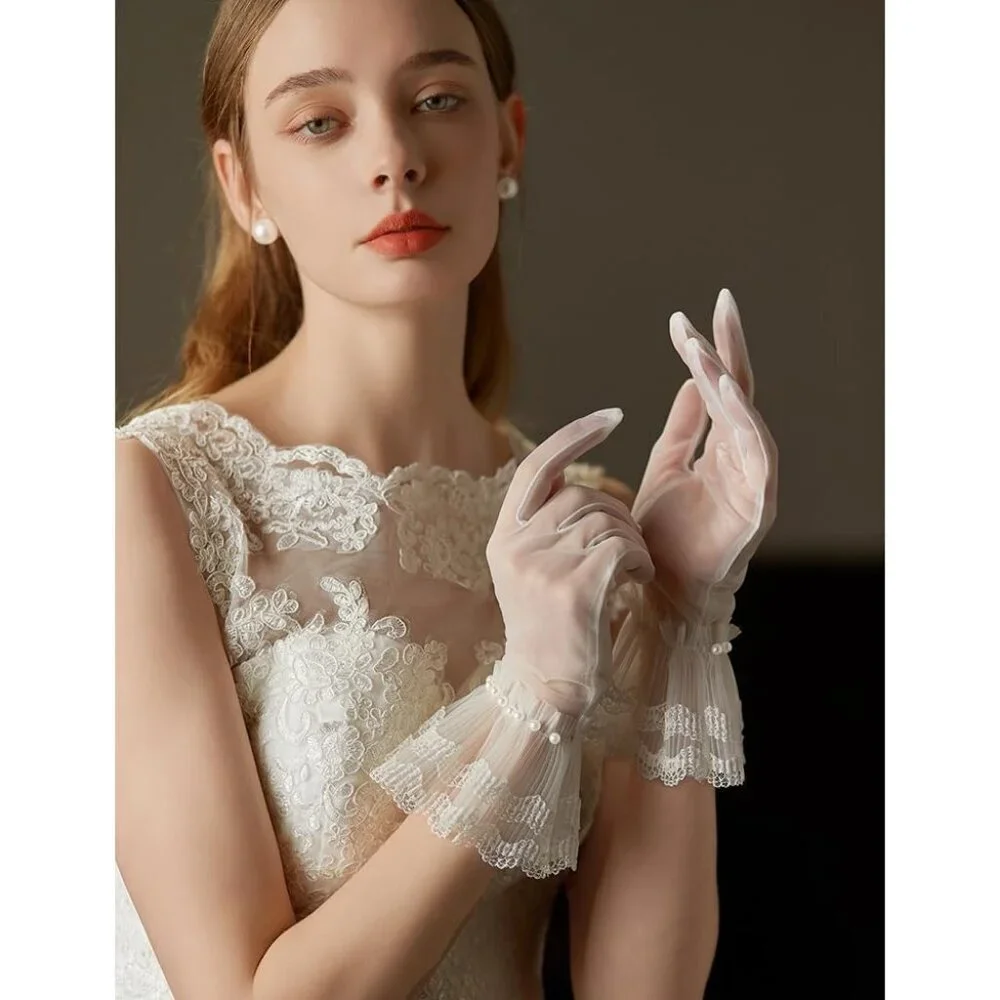 Women's Lvory-3 Short Pearls Lace Border Mesh Gloves Wedding Formal Party Prom